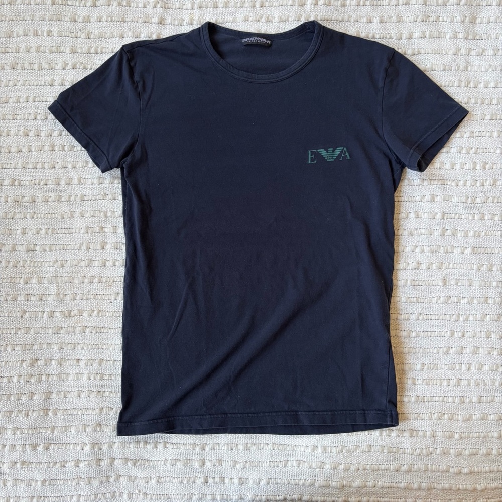 Emporio Armani Navy Blue Cotton Graphic Logo Tee Shirt Size Women’s Small-Medium